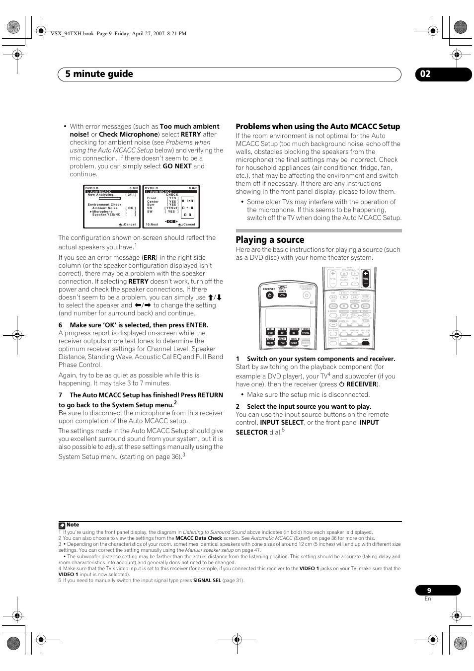 Problems when using the auto mcacc setup, Playing a source, 5 minute guide 02 | DreamGEAR ELITE VSX-94TXH User Manual | Page 9 / 100