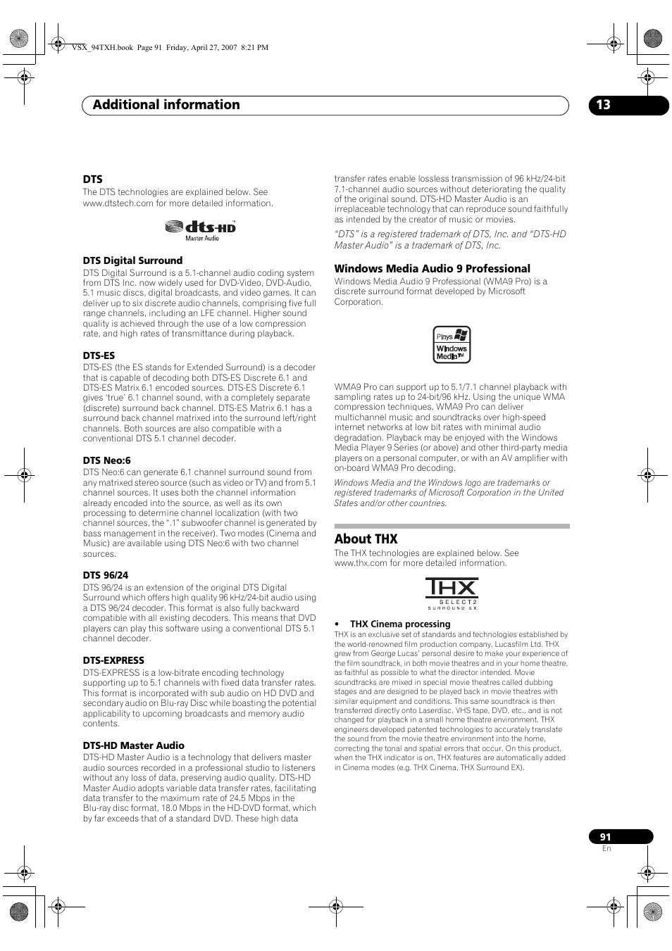 Dts windows media audio 9 professional, About thx, Additional information 13 | DreamGEAR ELITE VSX-94TXH User Manual | Page 91 / 100