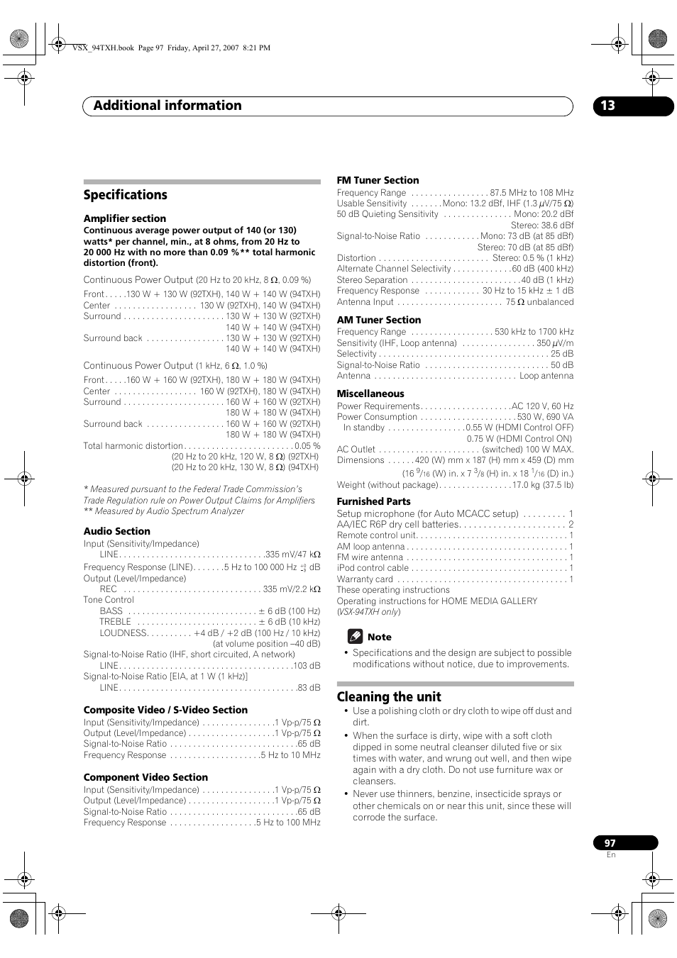 Specifications cleaning the unit, Additional information 13, Specifications | Cleaning the unit | DreamGEAR ELITE VSX-94TXH User Manual | Page 97 / 100