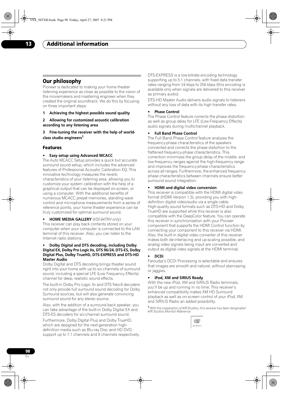 Our philosophy, Features, Additional information 13 | DreamGEAR ELITE VSX-94TXH User Manual | Page 98 / 100