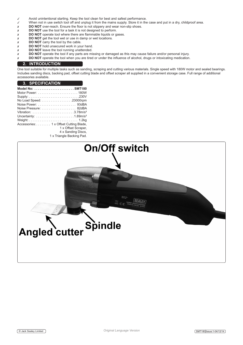Introduction 3. specification | Sealey SMT180 User Manual | Page 2 / 5