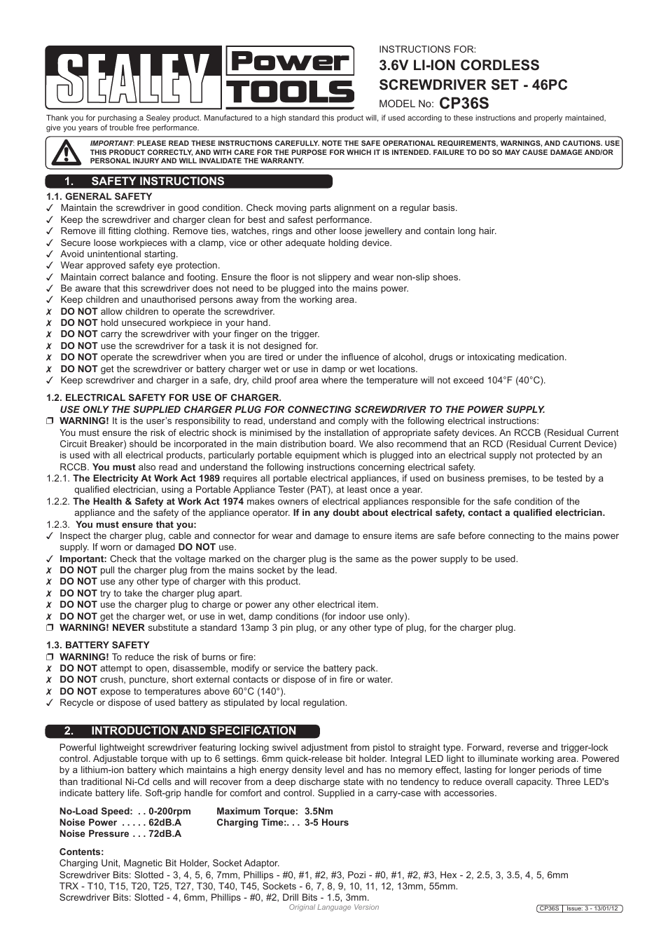 Sealey CP36S User Manual | 2 pages