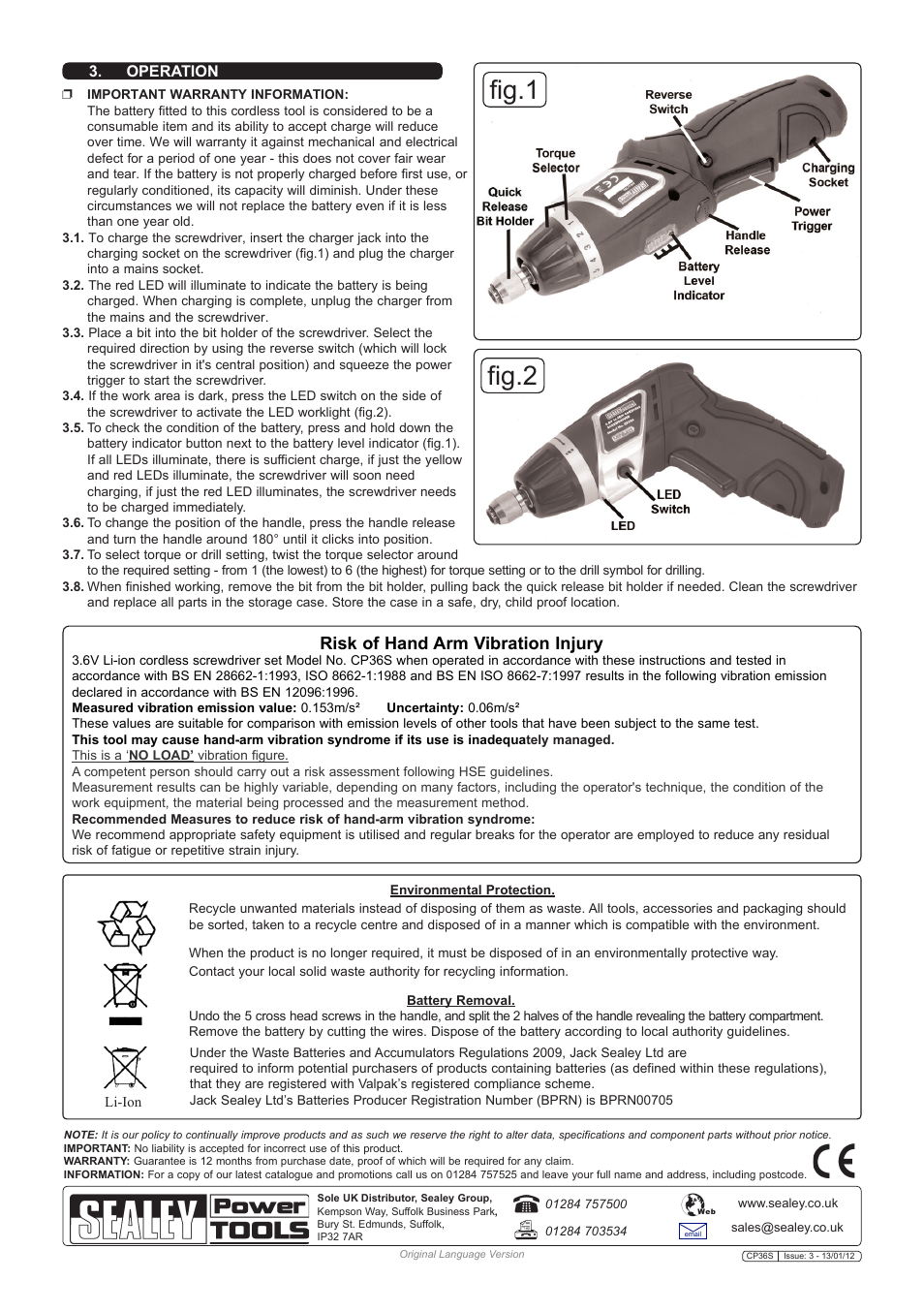 Fig.1 fig.2, Risk of hand arm vibration injury | Sealey CP36S User Manual | Page 2 / 2