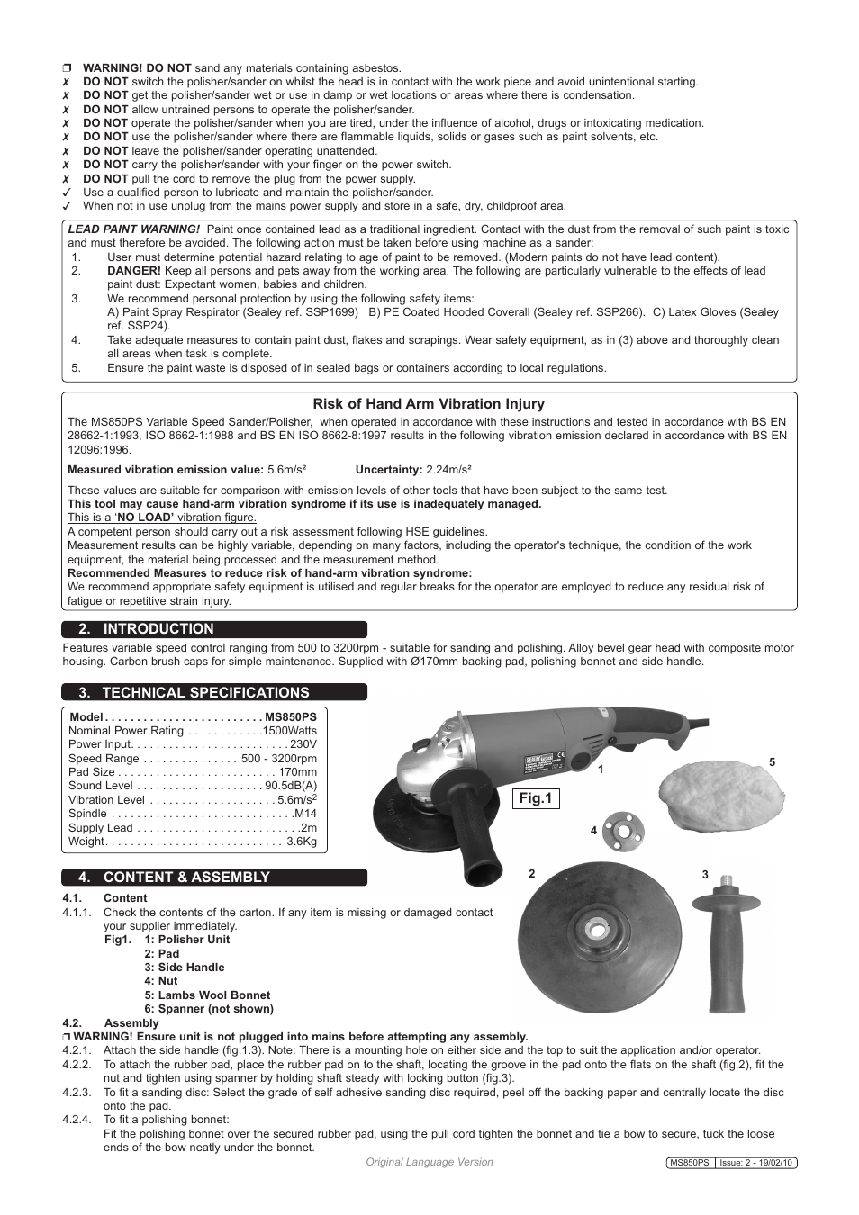 Technical specifications 2. introduction, Content & assembly, Fig.1 | Risk of hand arm vibration injury | Sealey MS850PS User Manual | Page 2 / 3