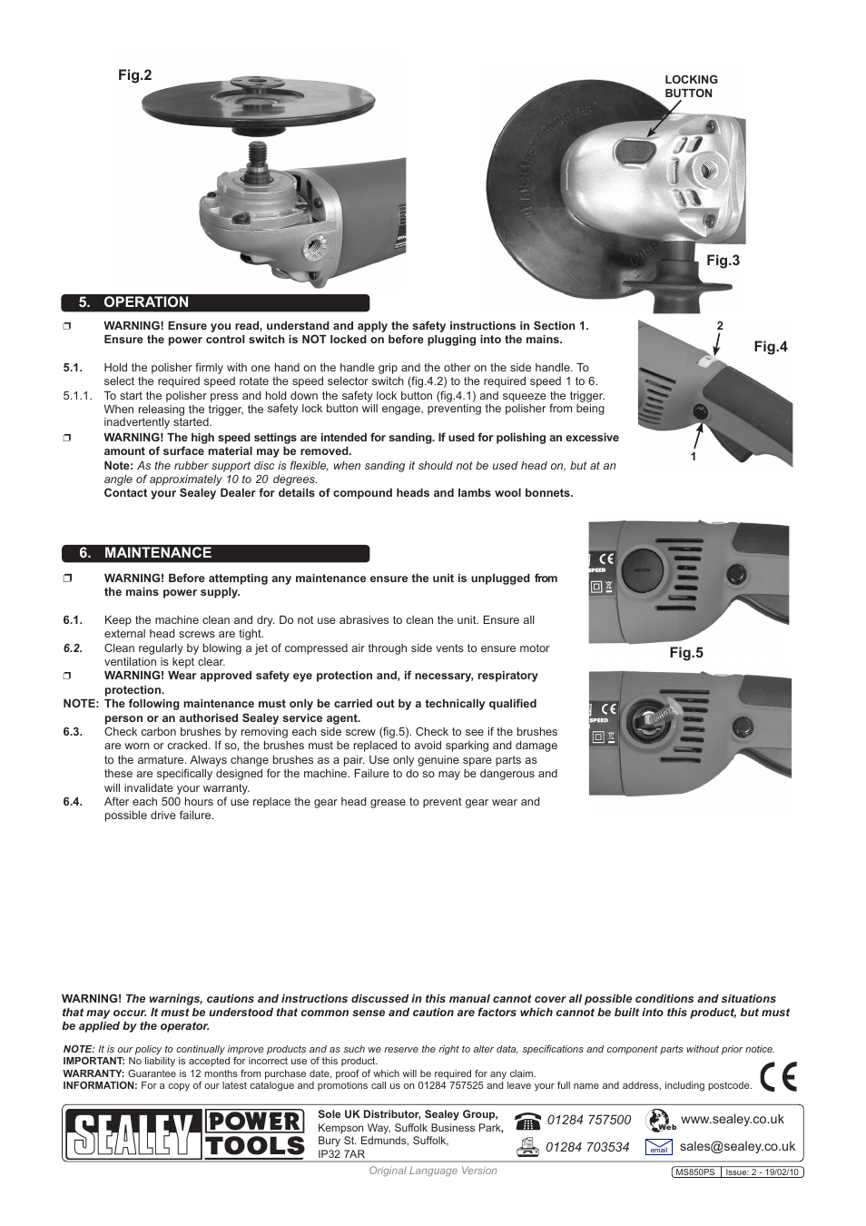 Fig.2, Maintenance, Operation fig.4 | Fig.5 | Sealey MS850PS User Manual | Page 3 / 3