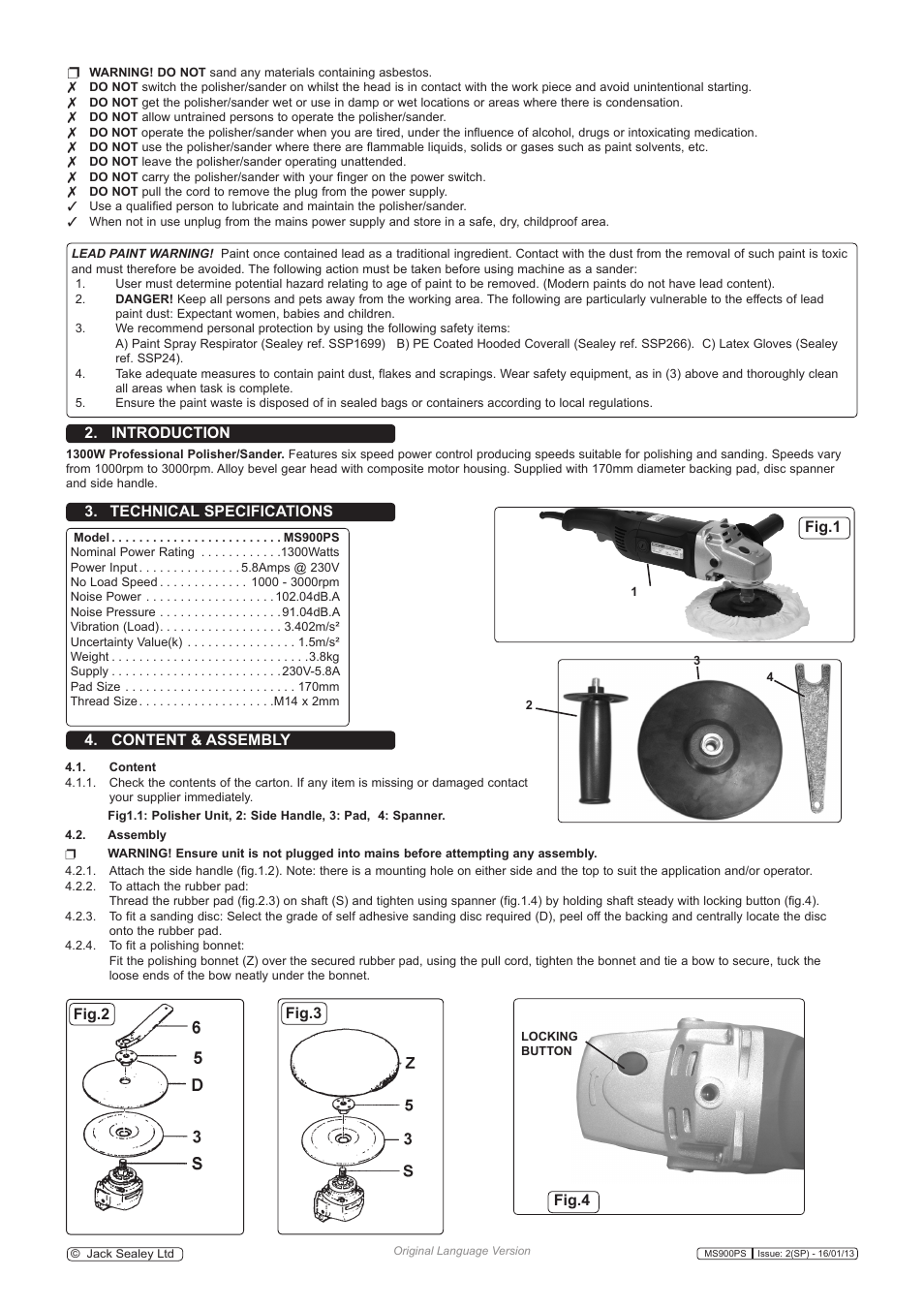 Technical specifications, Introduction, Content & assembly | Fig.2 fig.3, Fig.1 fig.4 | Sealey MS900PS User Manual | Page 2 / 4