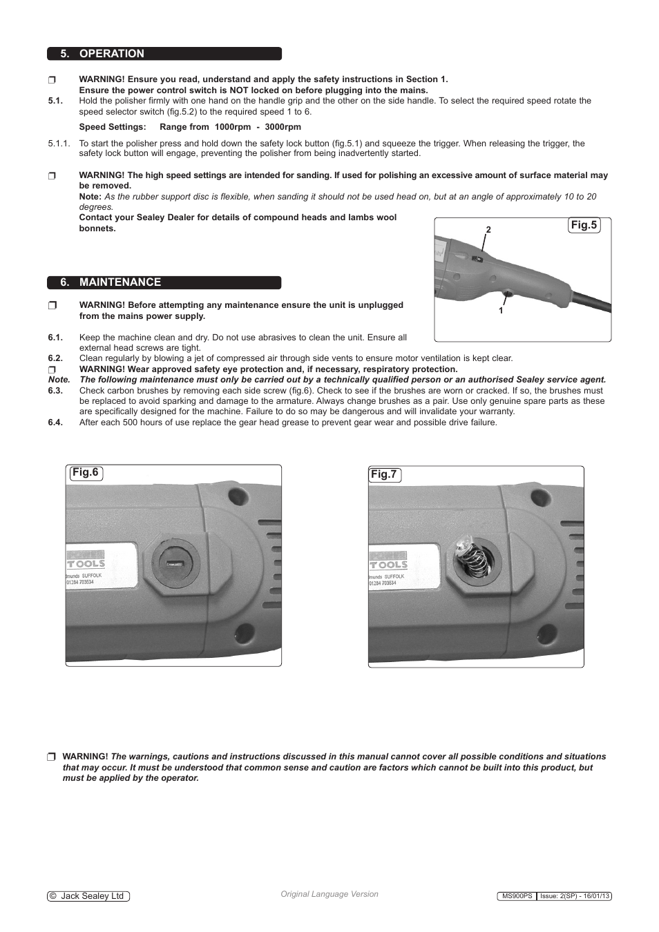 Maintenance, Operation, Fig.5 | Fig.6 fig.7 | Sealey MS900PS User Manual | Page 3 / 4