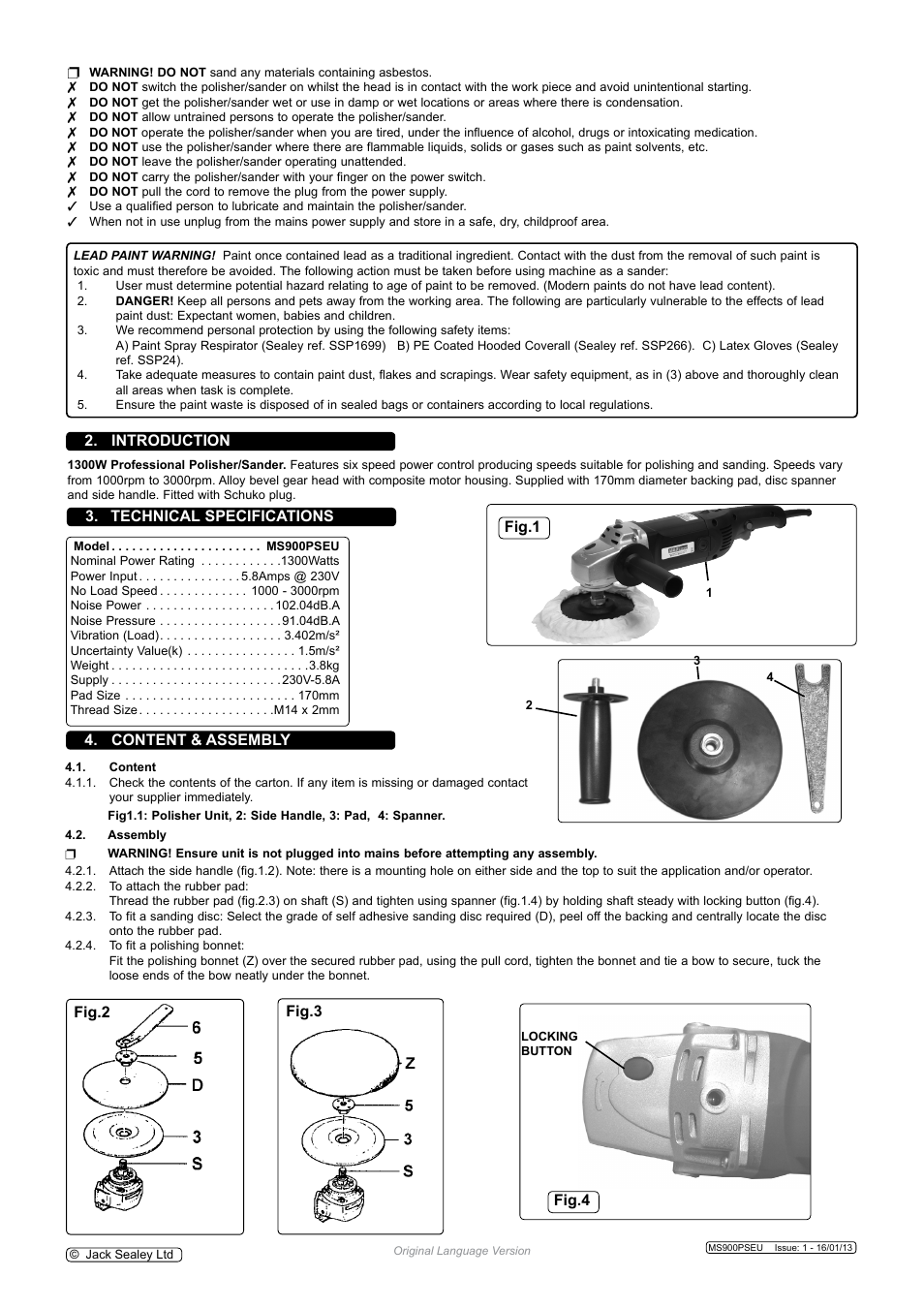 Technical specifications, Introduction, Content & assembly | Fig.2 fig.3, Fig.4, Fig.1 | Sealey MS900PSEU User Manual | Page 2 / 4