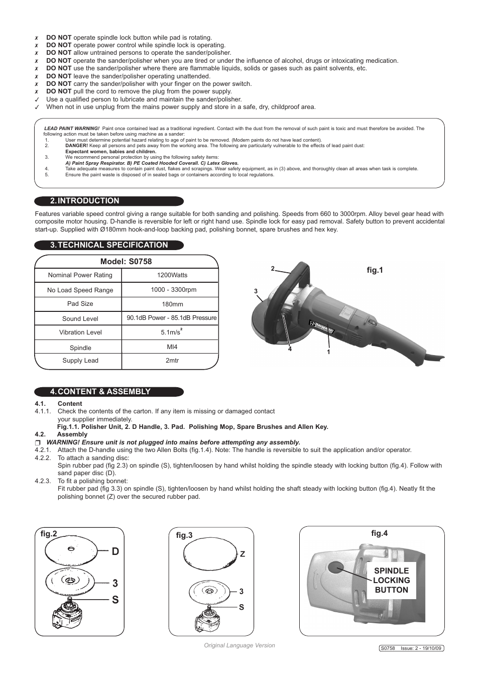 Technical specification, Model: s0758, Introduction | Content & assembly, Fig.2 fig.3, Fig.1, Spindle locking button | Sealey S0758 User Manual | Page 2 / 3