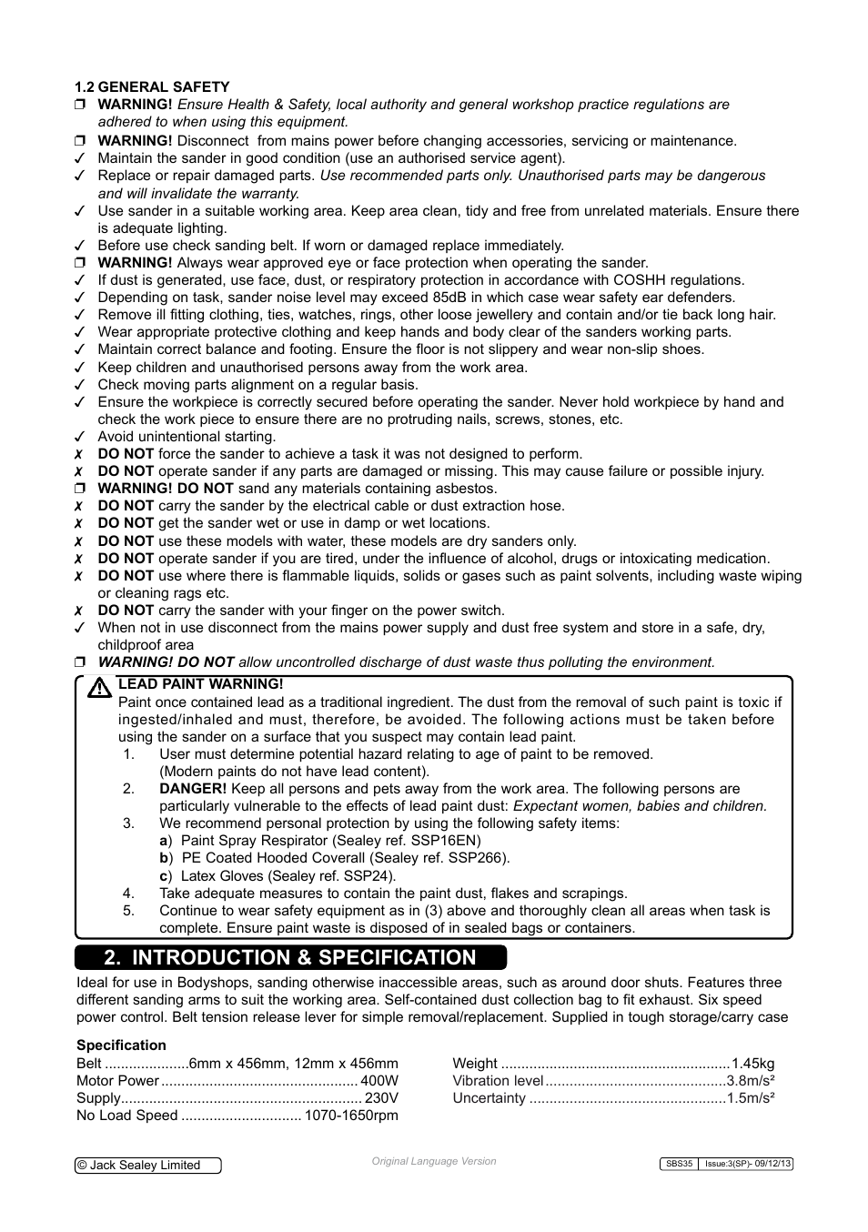 Introduction & specification | Sealey SBS35 User Manual | Page 2 / 5