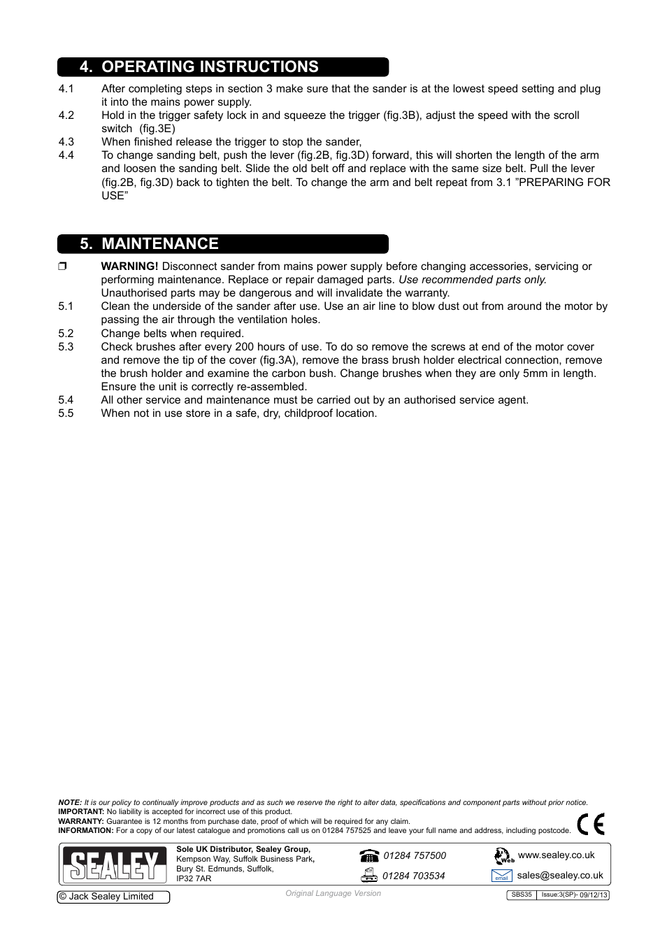 Maintenance, Operating instructions | Sealey SBS35 User Manual | Page 4 / 5