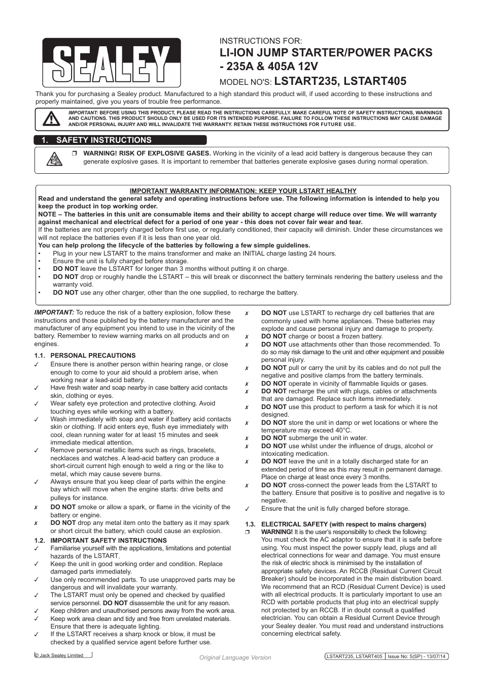 Sealey LSTART235 User Manual | 4 pages