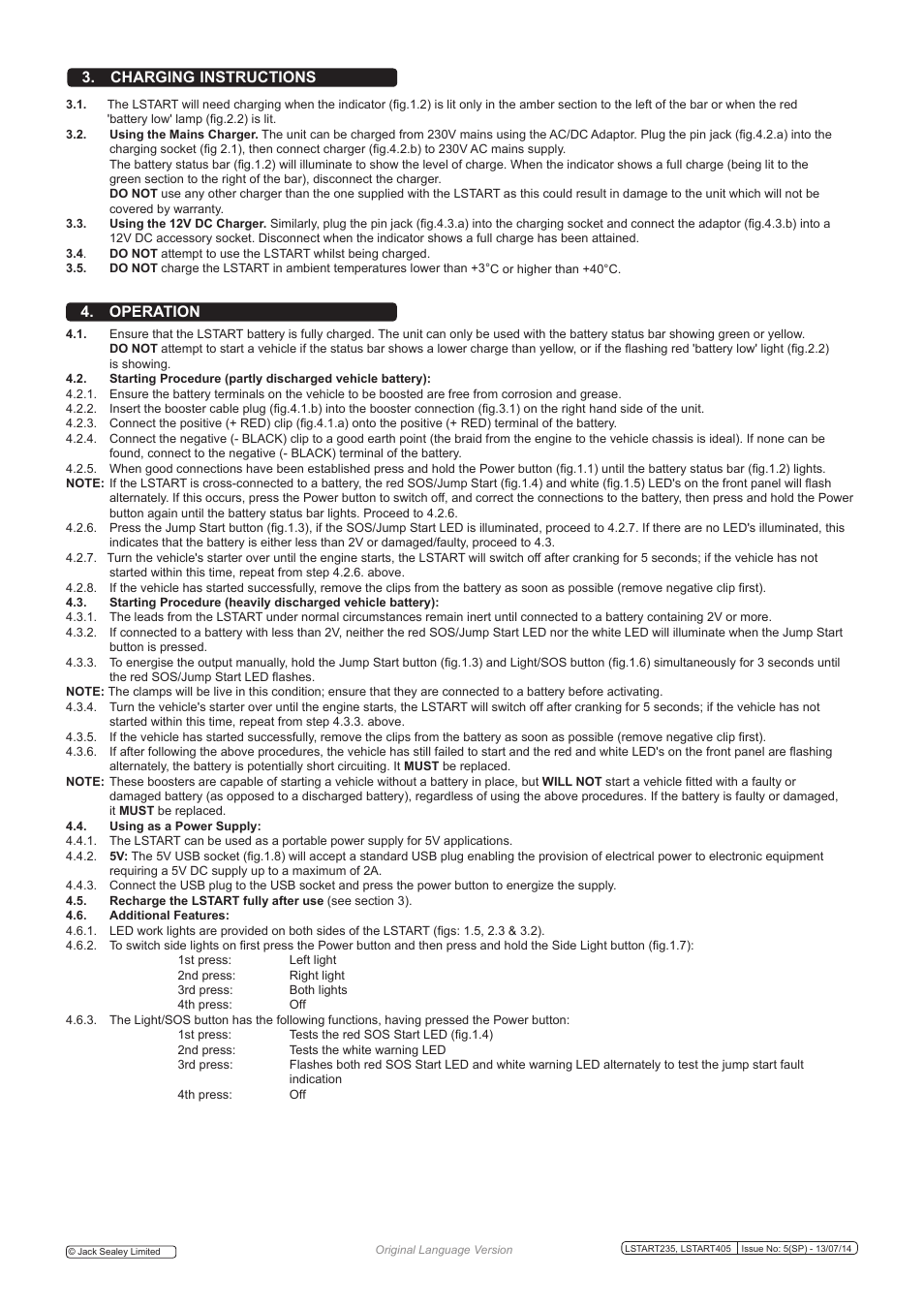 Operation, Charging instructions | Sealey LSTART235 User Manual | Page 3 / 4