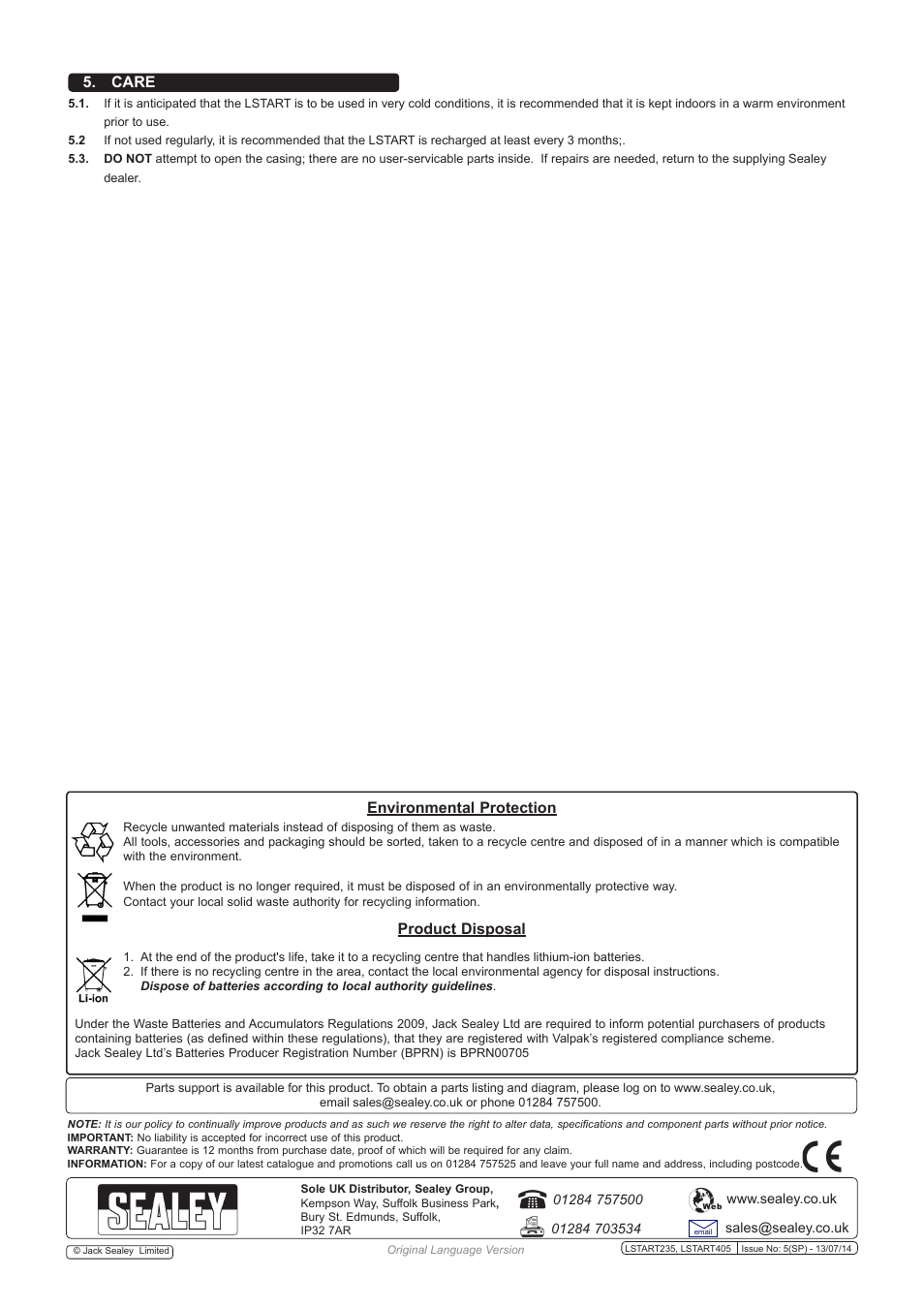 Environmental protection, Product disposal, Care | Sealey LSTART235 User Manual | Page 4 / 4
