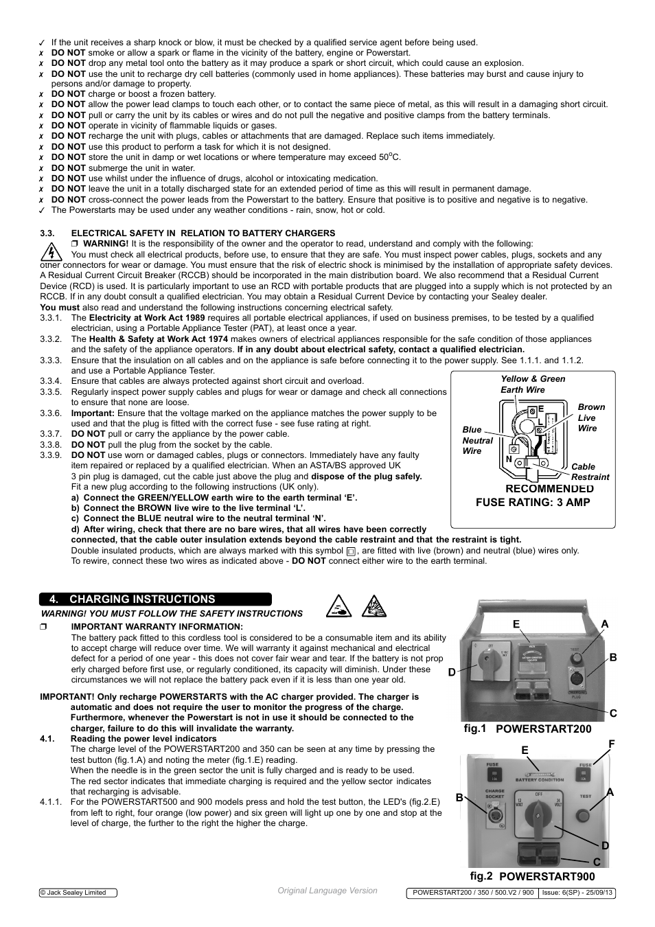 Recommended fuse rating: 3 amp, Charging instructions | Sealey POWERSTART200 User Manual | Page 2 / 4