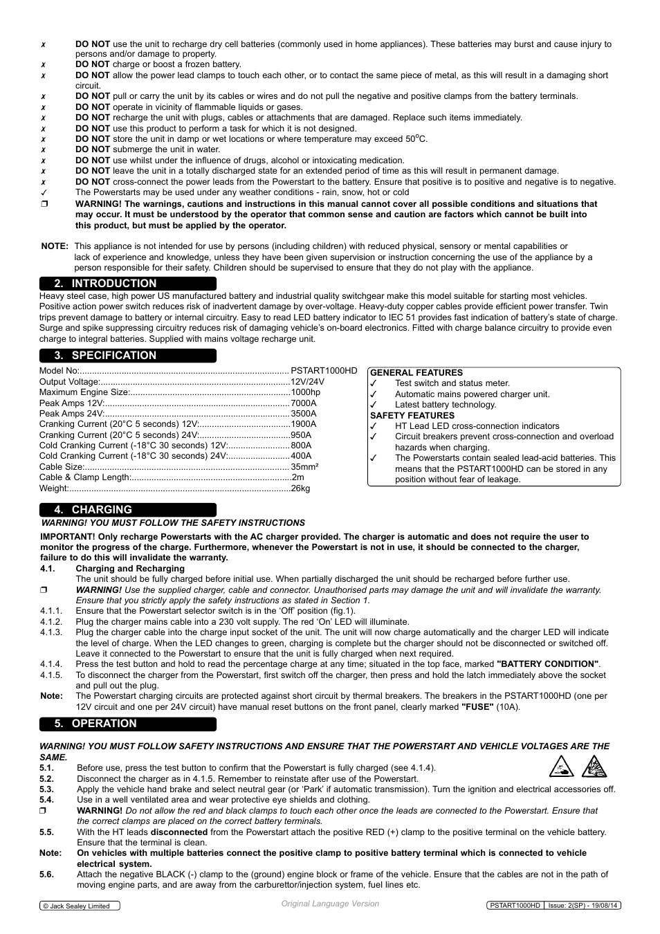 Introduction, Specification, Charging 5. operation | Sealey PSTART1000HD User Manual | Page 2 / 3