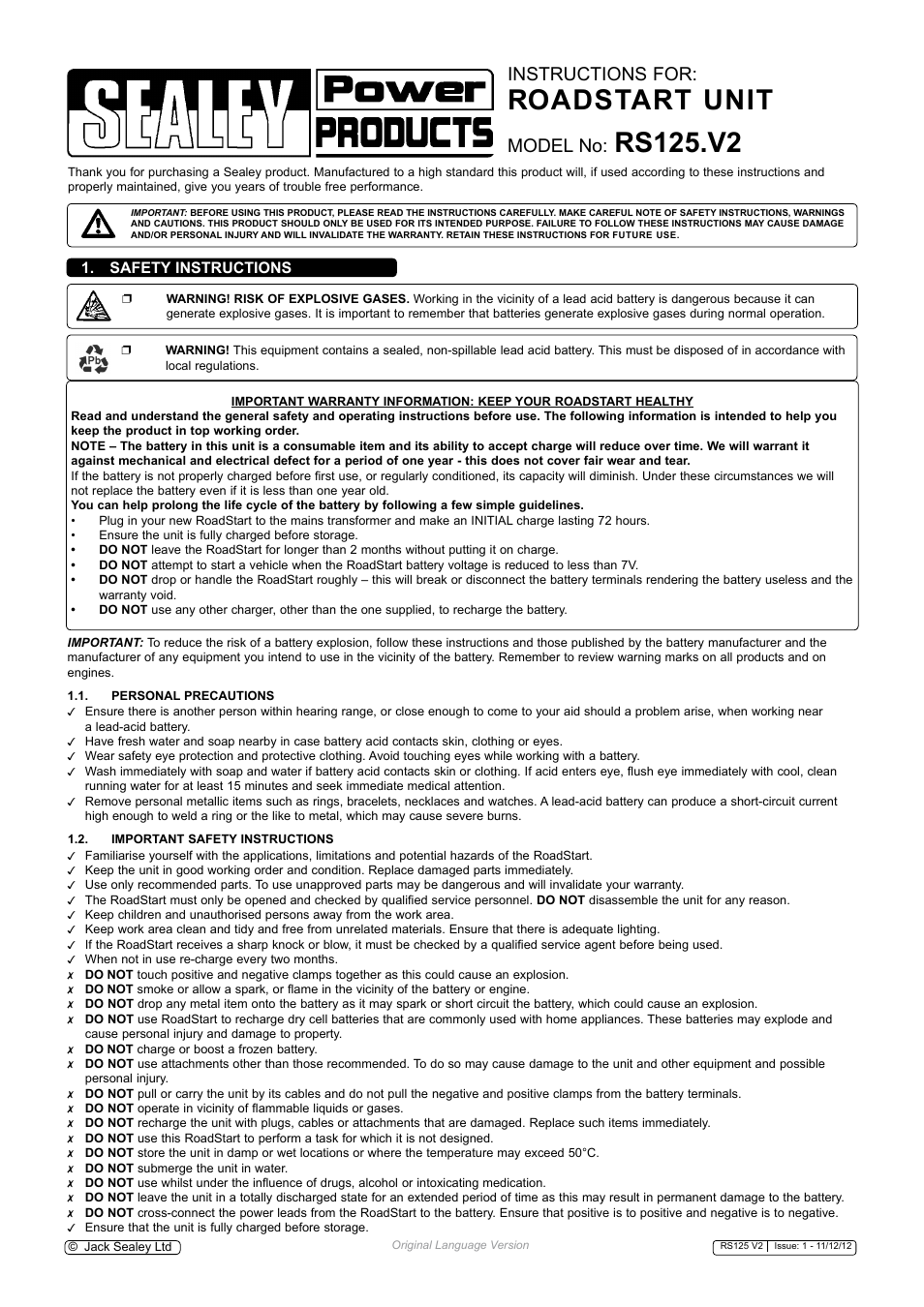 Sealey RS125 User Manual | 4 pages