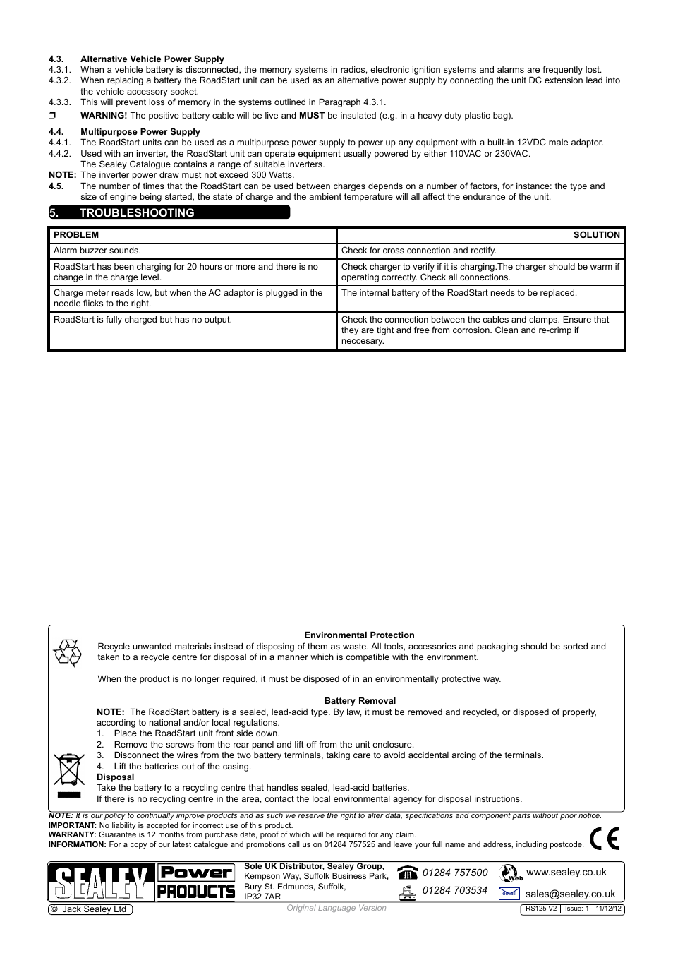 Troubleshooting | Sealey RS125 User Manual | Page 4 / 4