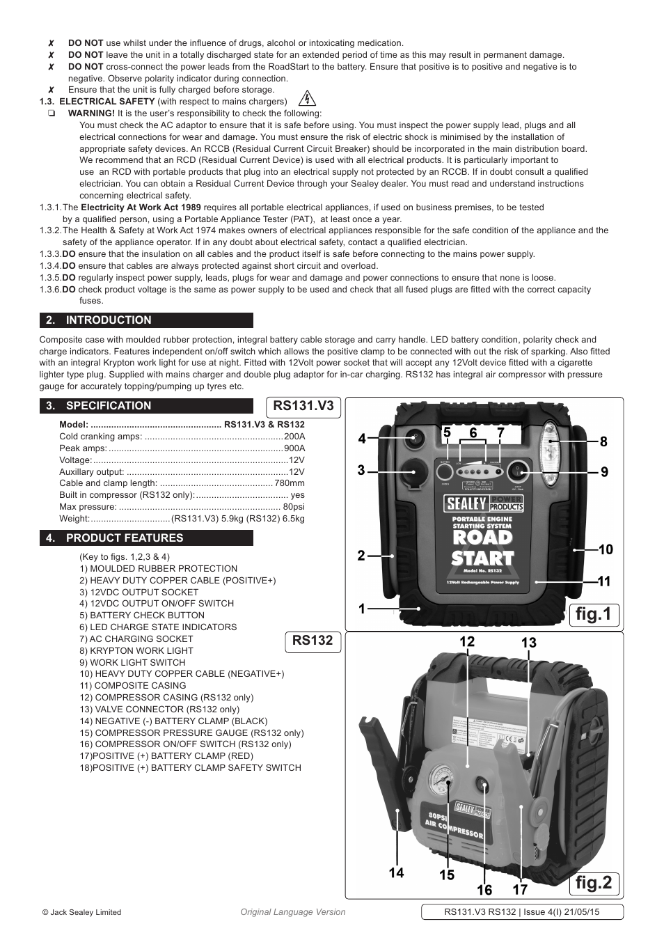 Fig.1 fig.2, Introduction, Specification | Product features | Sealey RS131 User Manual | Page 2 / 7