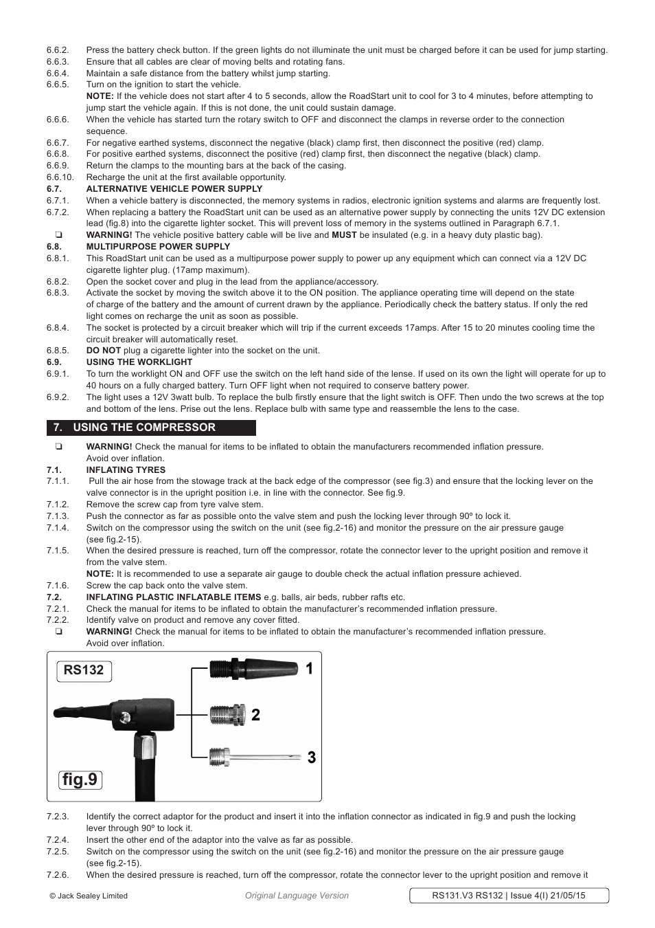 Fig.9, Rs132, Using the compressor | Sealey RS131 User Manual | Page 5 / 7