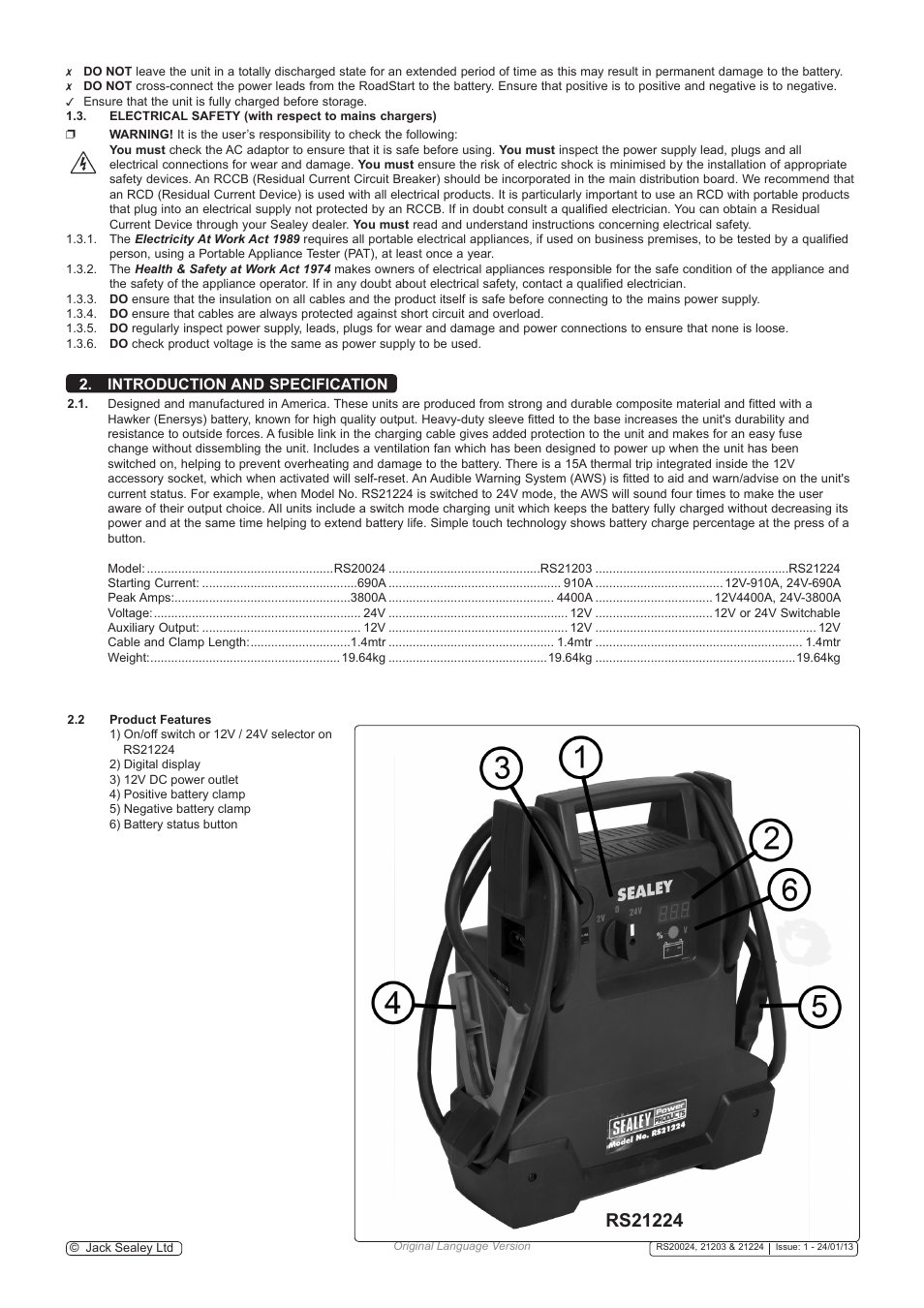 Introduction and specification | Sealey RS20024 User Manual | Page 2 / 6
