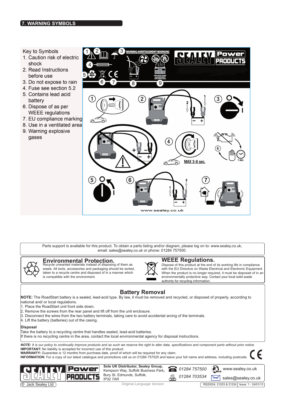 Environmental protection, Weee regulations, Battery removal | Warning symbols | Sealey RS20024 User Manual | Page 6 / 6