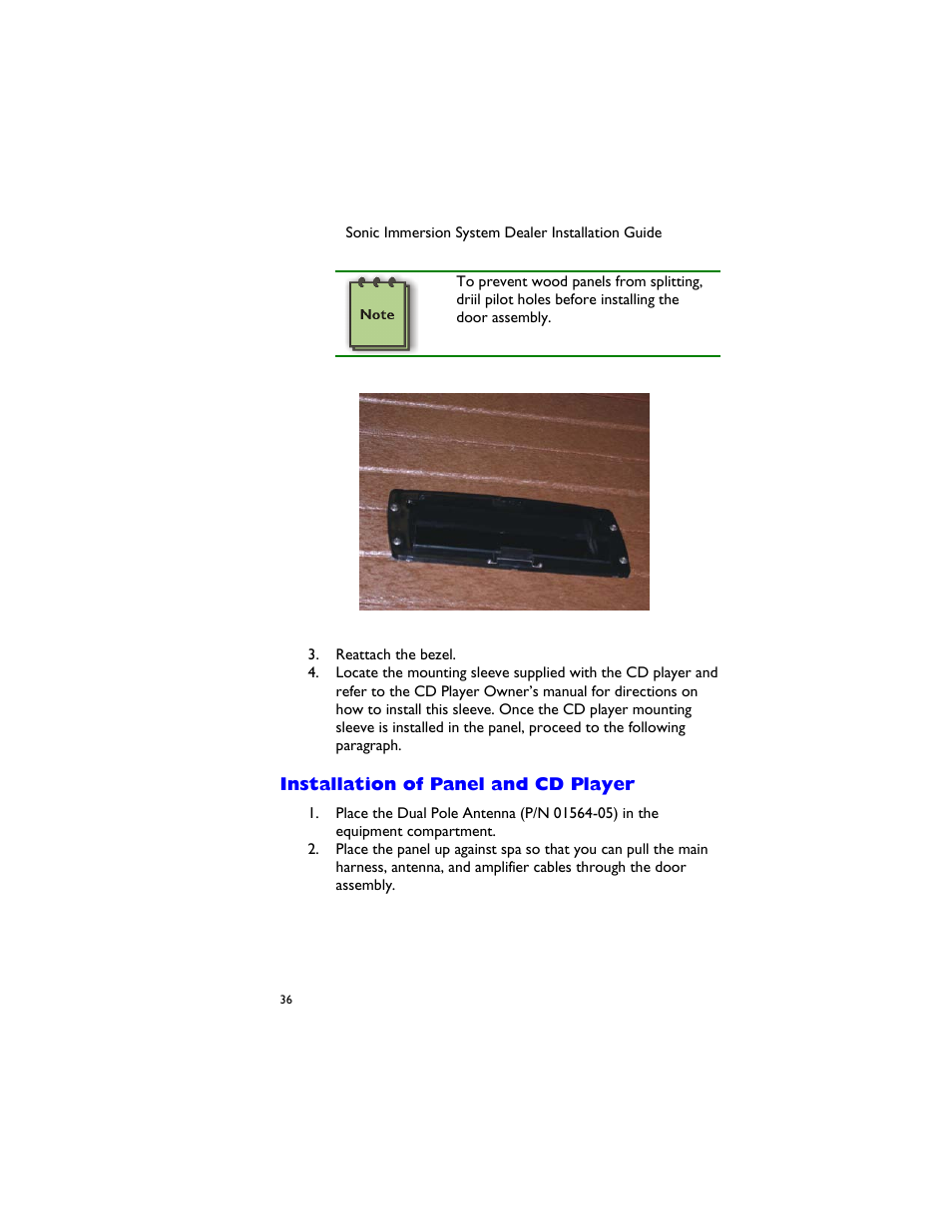 Installation of panel and cd player | Dimension One Spas 01510-1030 User Manual | Page 40 / 50
