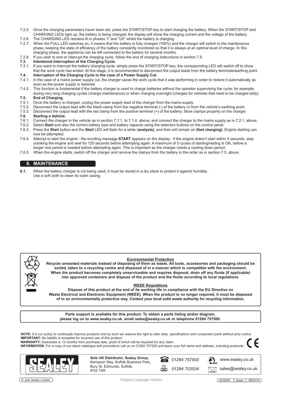 Maintenance | Sealey ECS300 User Manual | Page 7 / 7