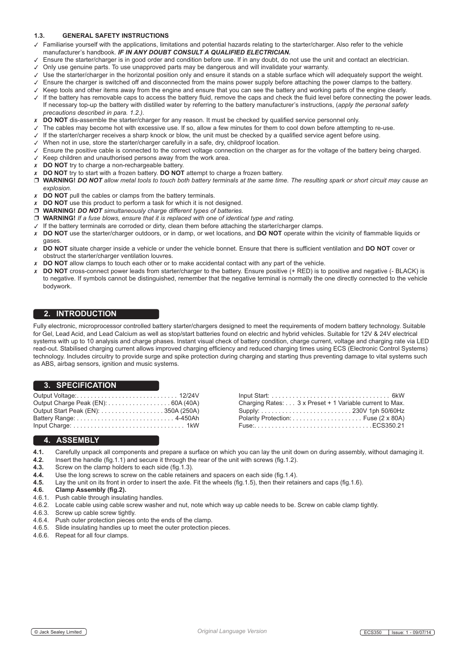 Introduction 3. specification 4. assembly | Sealey ECS350 User Manual | Page 2 / 7