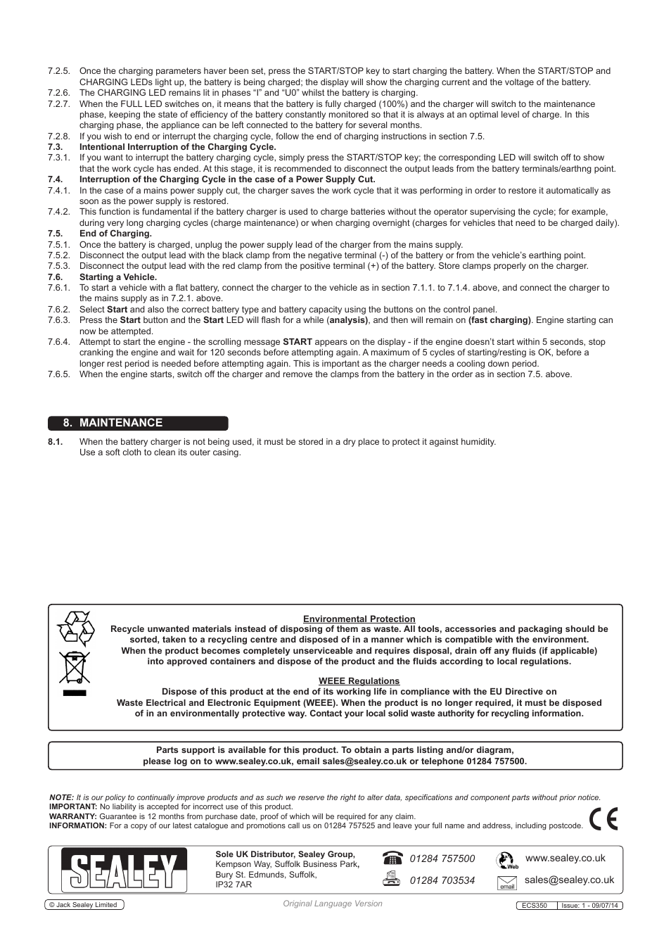 Maintenance | Sealey ECS350 User Manual | Page 7 / 7