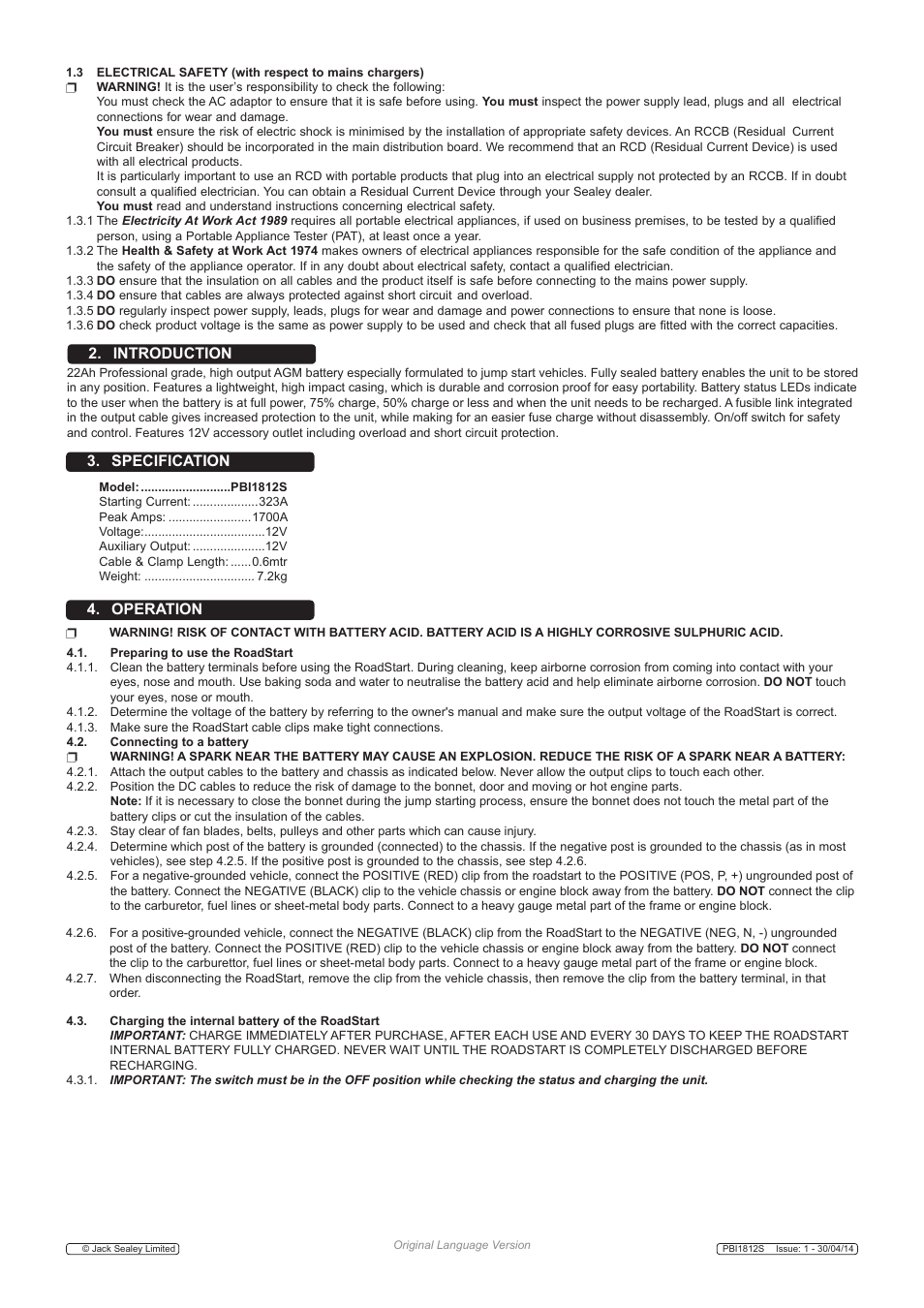 Introduction 3. specification, Operation | Sealey PBI1812S User Manual | Page 2 / 5