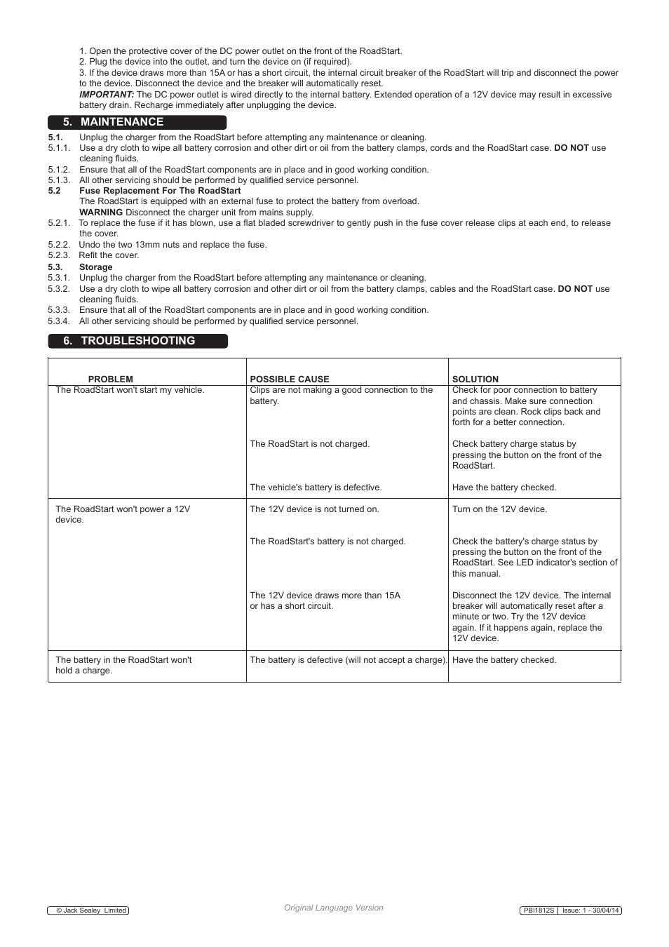 Maintenance, Troubleshooting | Sealey PBI1812S User Manual | Page 4 / 5