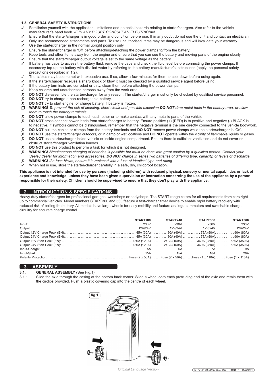 Introduction & specifications, Assembly | Sealey START240 User Manual | Page 2 / 4