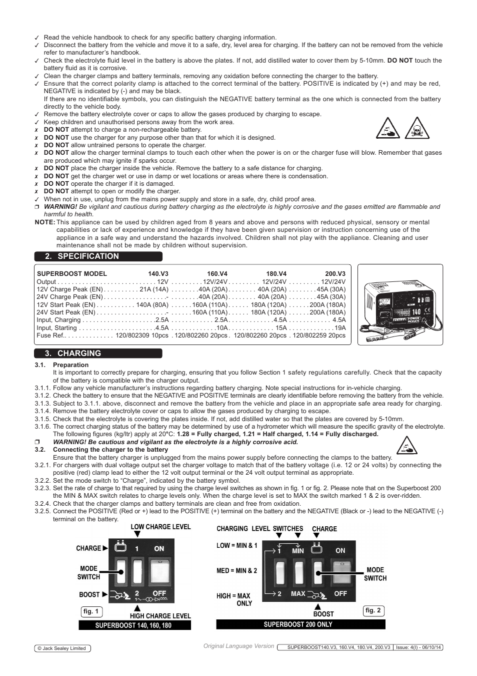 Specification 3. charging | Sealey SUPERBOOST140 User Manual | Page 2 / 3