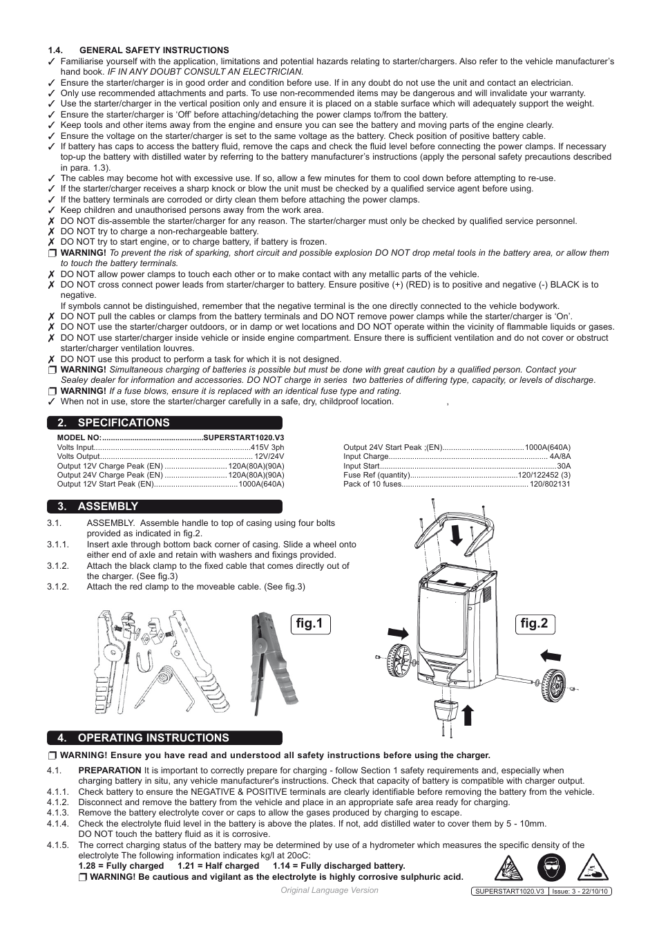 Fig.1 fig.2, Specifications, Assembly | Operating instructions | Sealey SUPERSTART1020 User Manual | Page 2 / 4