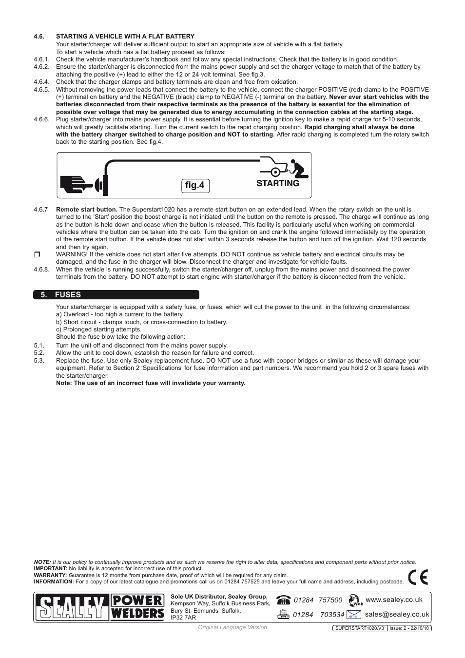 Fig.4, Fuses | Sealey SUPERSTART1020 User Manual | Page 4 / 4