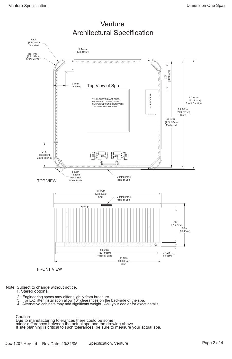 Venture, Architectural specification, Top view of spa | Front view top view | Dimension One Spas Venture User Manual | Page 2 / 4