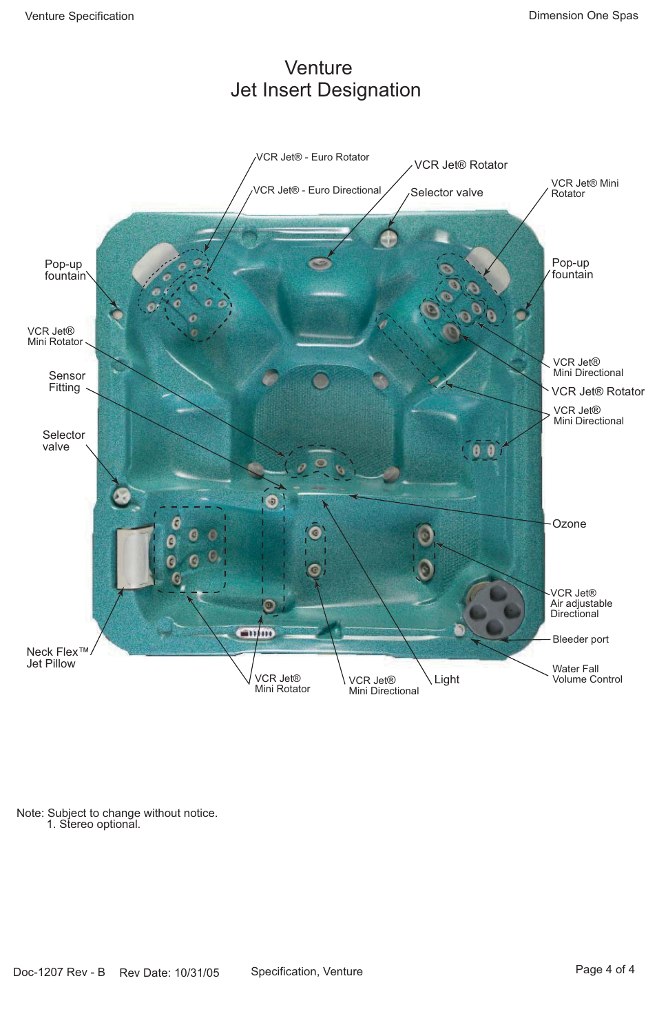 Venture, Jet insert designation | Dimension One Spas Venture User Manual | Page 4 / 4