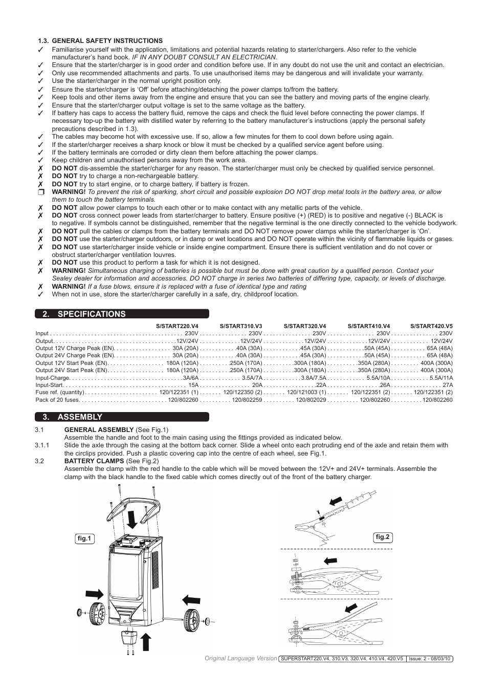 Specifications, Assembly | Sealey SUPERSTART320 User Manual | Page 2 / 4