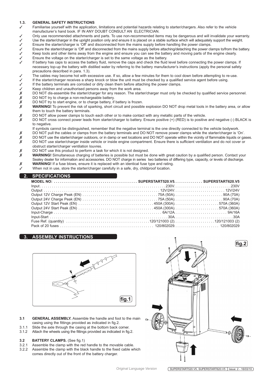 Fig.2 fig.1, Specifications, Assembly instructions | Sealey SUPERSTART520 User Manual | Page 2 / 6