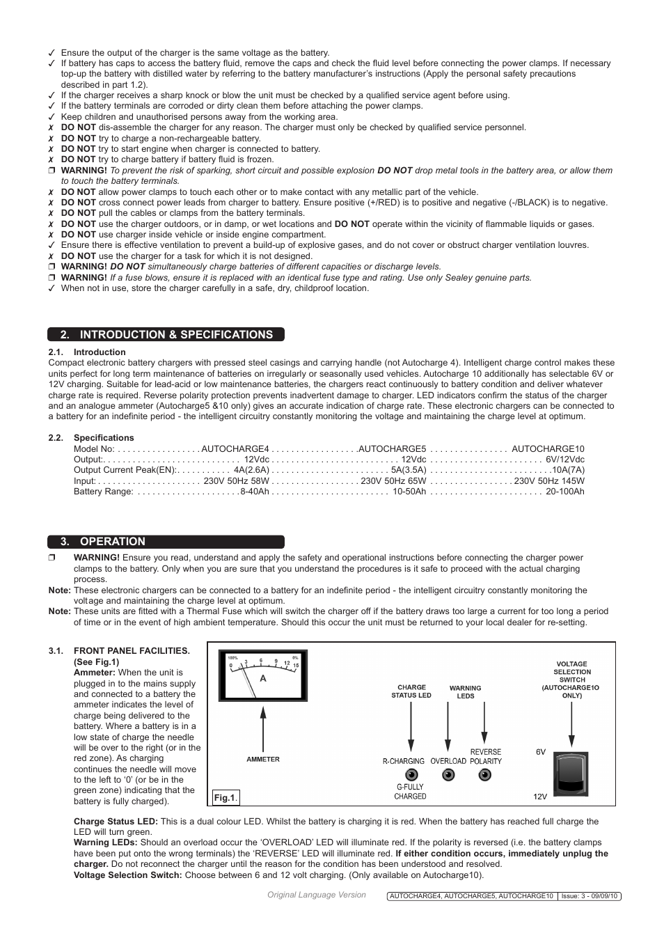 Introduction & specifications 3. operation | Sealey AUTOCHARGE10 User Manual | Page 2 / 3