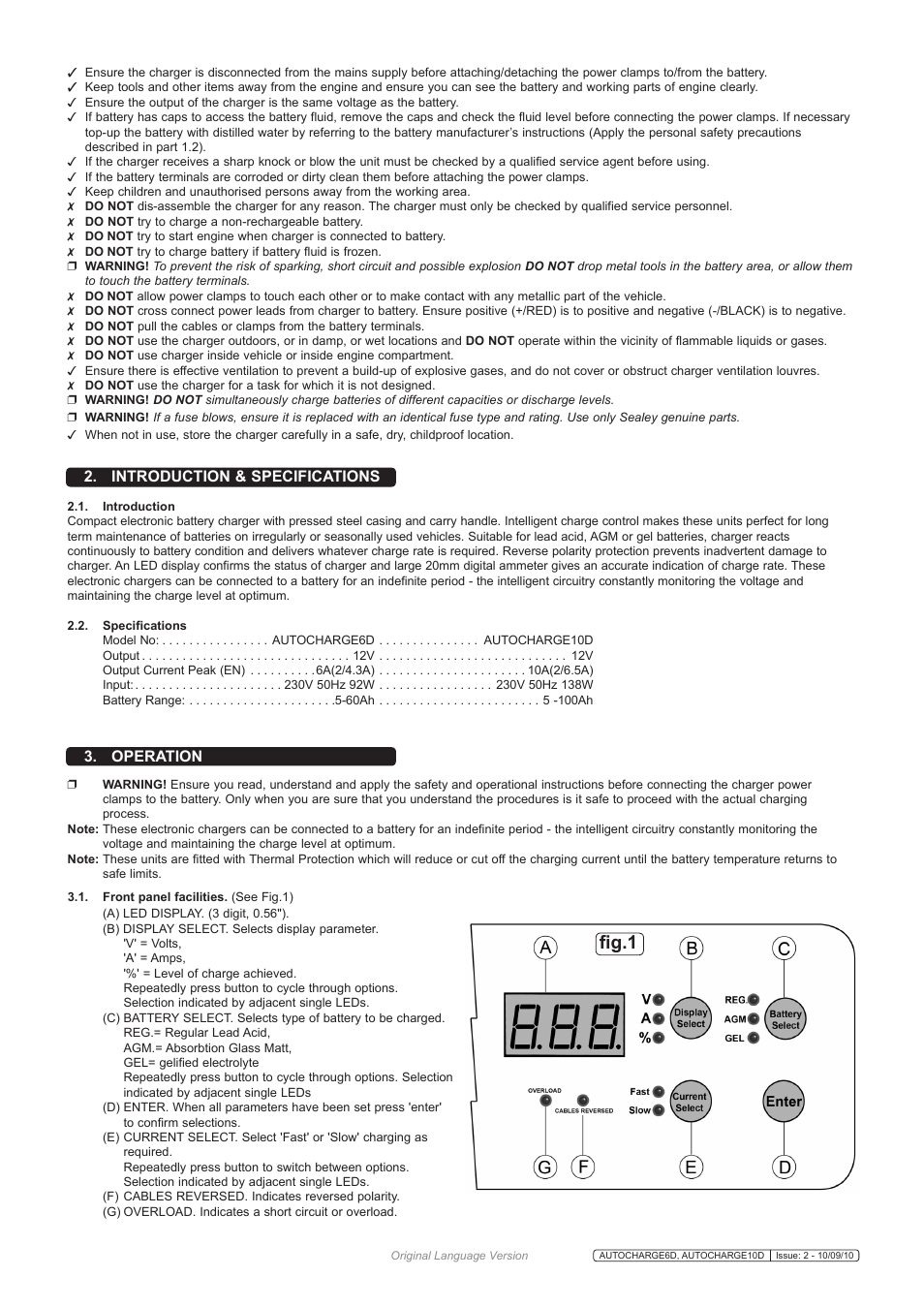 Fig.1, Introduction & specifications 3. operation | Sealey AUTOCHARGE10D User Manual | Page 2 / 3