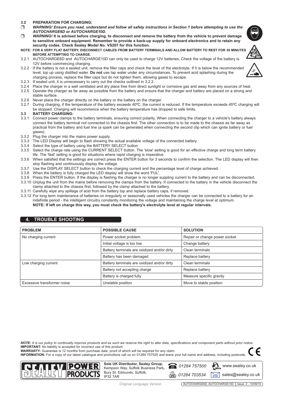 Trouble shooting | Sealey AUTOCHARGE10D User Manual | Page 3 / 3