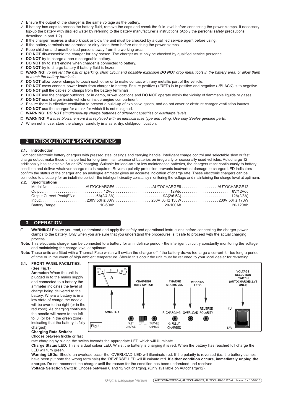 Introduction & specifications 3. operation | Sealey AUTOCHARGE12 User Manual | Page 2 / 3