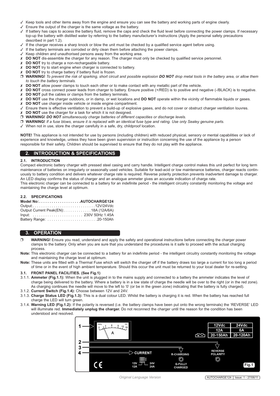 Introduction & specifications 3. operation | Sealey AUTOCHARGE124 User Manual | Page 2 / 3