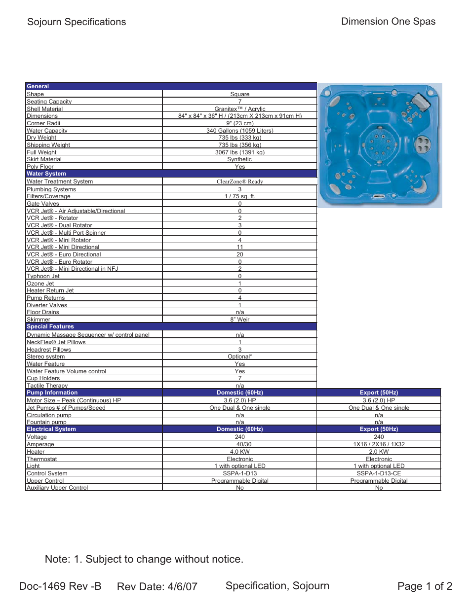 Dimension One Spas Sojourn User Manual | 2 pages