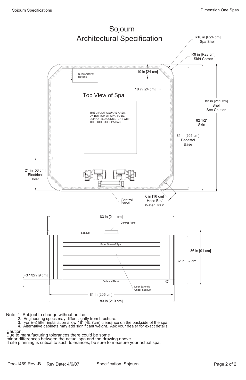 Sojourn, Architectural specification, Top view of spa | Dimension One Spas Sojourn User Manual | Page 2 / 2