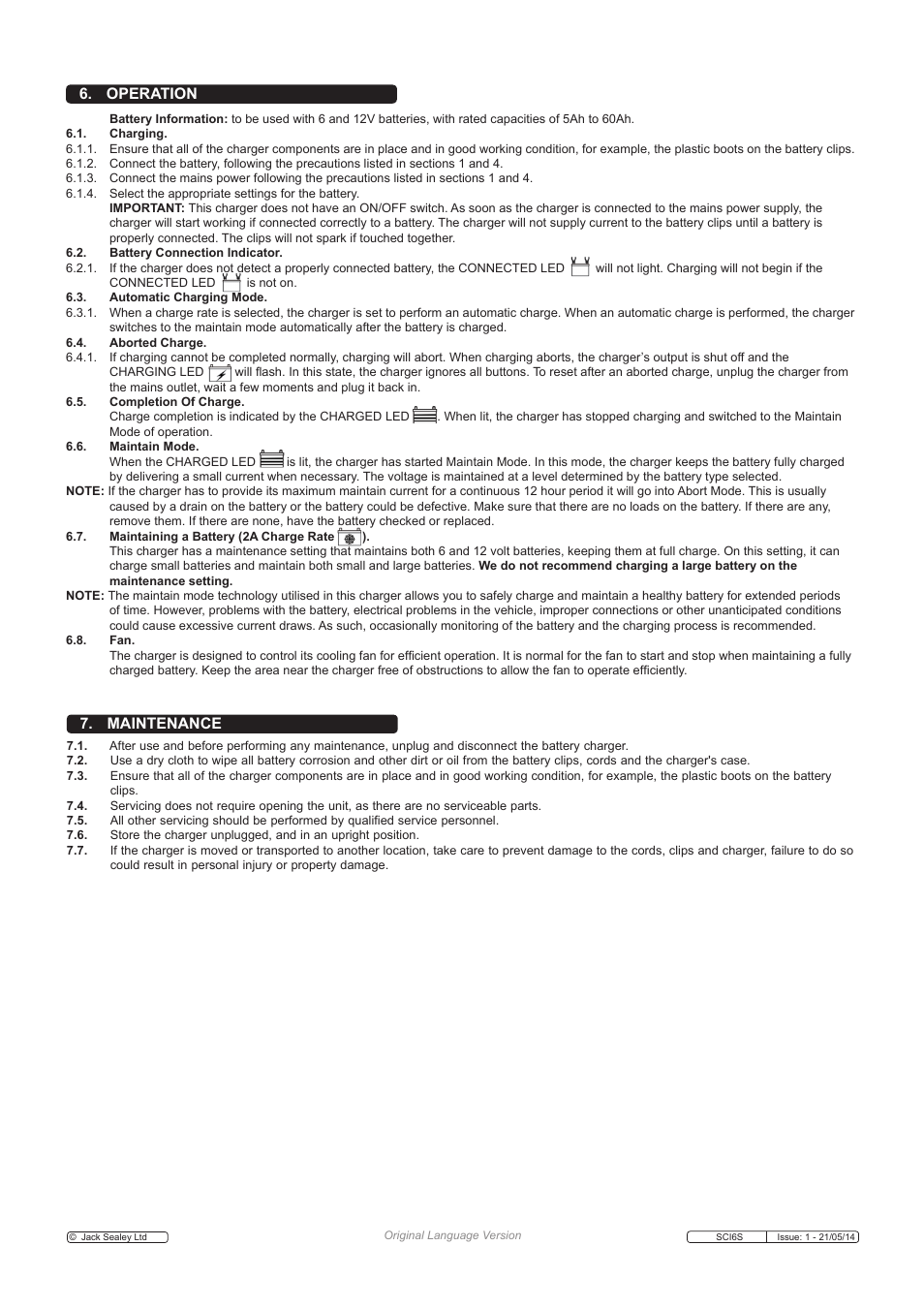Maintenance, Operation | Sealey SCI6S User Manual | Page 4 / 5