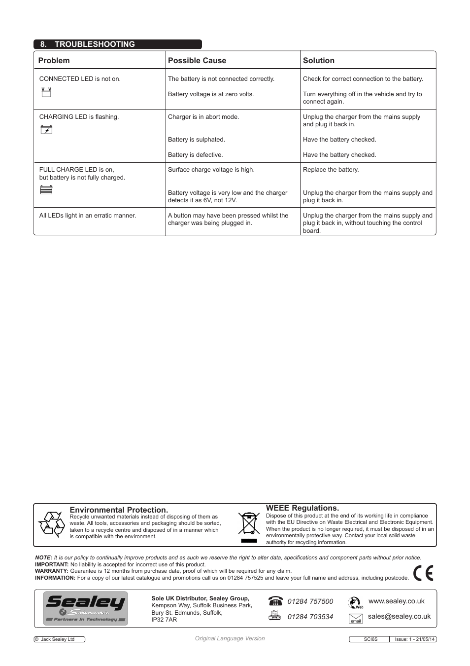 Environmental protection, Weee regulations, Problem possible cause | Solution, Troubleshooting | Sealey SCI6S User Manual | Page 5 / 5