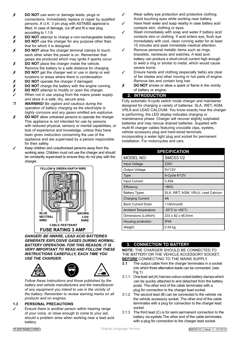 Fuse rating 3 amp | Sealey SMC03 User Manual | Page 2 / 4